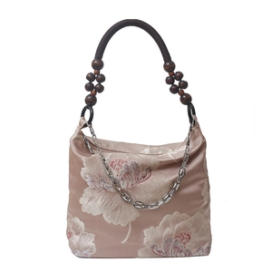 Pink Chinese-style tote bag with peony pattern, wooden bead handle and metal chain