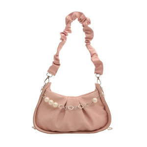 Bolso nube plisado rosa claro a la moda con elegante perla y cadena de flores metálica