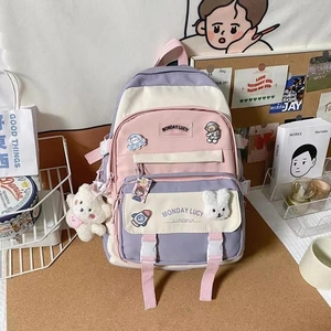 Korean style girls contrast color school backpack, cute student casual daypack with plush pendant.