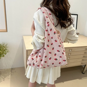 Pink corduroy tote bag with strawberry prints for women’s casual daily shoulder wear