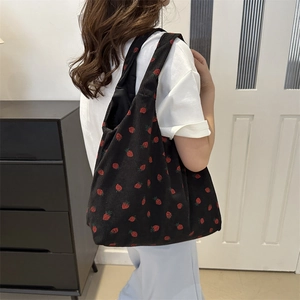 Large capacity black corduroy tote bag with red strawberry pattern for daily casual use