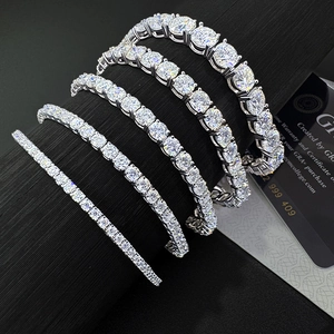 Detail showing five different sizes of S925 silver moissanite tennis bracelets on display