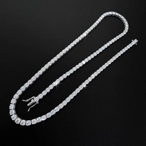 Close-up of S925 silver moissanite tennis necklace with secure clasp on black background