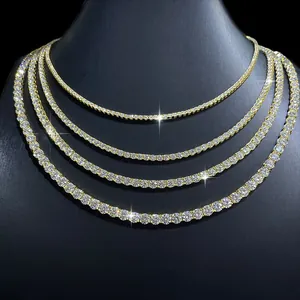 Detail of four Moissanite tennis bracelets in various widths on a black display stand