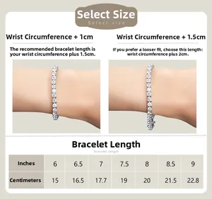 Size guide for S925 silver moissanite tennis bracelet showing length in cm and inches