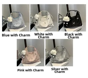 Collage of multi-functional handbags in five colors featuring cloud charms and butterfly details