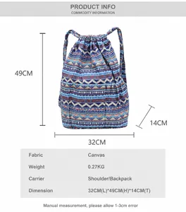 Detaillierte Größenangaben und Maße für den Canvas-Rucksack mit Kordelzug