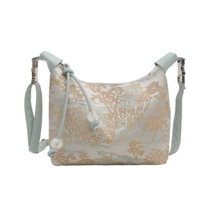 Elegant jacquard handbag with traditional mountain pattern and white bead decoration