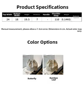 Detailed size specifications for the embroidered butterfly and bamboo bucket bag