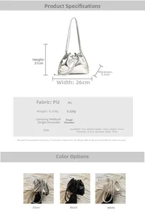 Size chart and technical specifications for large capacity pleated PU shoulder bucket bag