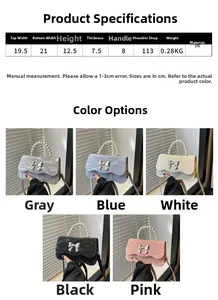 Size chart showing PU leather handbag dimensions with pearl handle and bow details