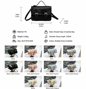 Detailed size specifications and multiple color variants for this retro messenger bag