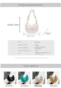 Detailed size chart for crescent bag with butterfly embroidery and ruffled shoulder strap