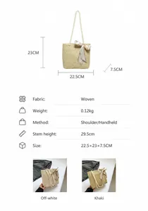 Detailed view of straw woven tote bag size 22.5x23cm with polka dot bow decoration