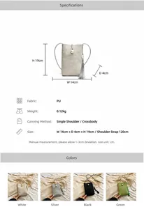Vista dettagliata della mini borsa a tracolla con dimensioni 14 cm di larghezza e 19