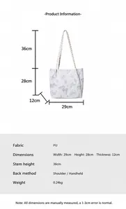 Detailed size specifications of white PU tote bag with purple butterfly pattern prints