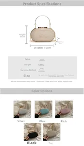 Size chart showing 19x11x5cm dimensions and specifications for the glitter evening bag