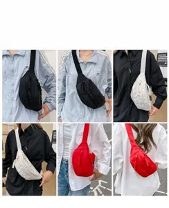 Collage of multi-color crossbody fanny packs showing black, white, and red options