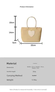 Canvas tote bag with heart smiley patch showing size dimensions 22x14x5cm detail