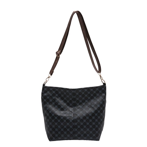 Black tote bag with grey star patterns and striped adjustable shoulder strap on white background