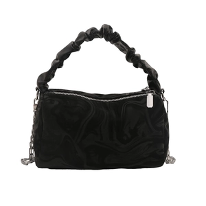 Ruched handle crossbody bag in black ripple texture with silver chain strap for women