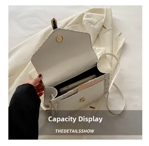 Interior capacity display of plaid tweed crossbody bag showing space for phone and cards
