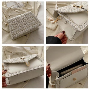 Detail view of tweed crossbody bag showing gold buckle and interior storage space