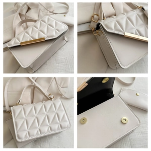Detailed views of white quilted crossbody bag with gold hardware and mini coin purse