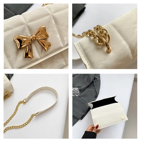 Detailaufnahmen der weißen Stepptasche mit goldener Schleifenschnalle und Kettenriemen