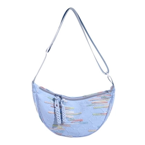 Light blue minimalist crescent crossbody bag with colorful horizontal embroidered stripes