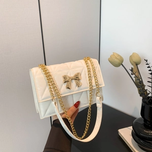 Elegante Gesteppte Kette Schultertasche Für Damen Goldene Schleifenschnalle PU Leder Unterarmtasche Mode Umhängetasche Kleine Quadratische Tasche