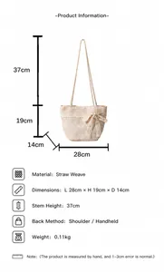 Tabla de dimensiones detallada con medidas y altura del asa para el bolso de paja