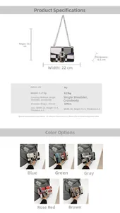 Detailed dimensions and color options for checkerboard chain shoulder bag in PU leather