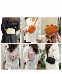 Collage aus mehrfarbigen Nylon-Umhängetaschen mit Doppelreißverschluss und Gurt