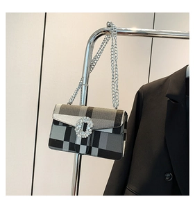 Detail of checkered crossbody bag featuring a rhinestone buckle and silver chain strap