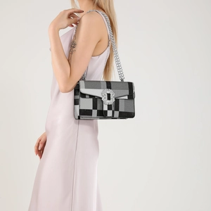 Women's plaid chain shoulder bag with large rhinestone buckle and silver metal strap