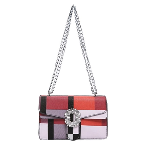 Chic multi-color patchwork plaid crossbody square bag with rhinestone buckle and chain