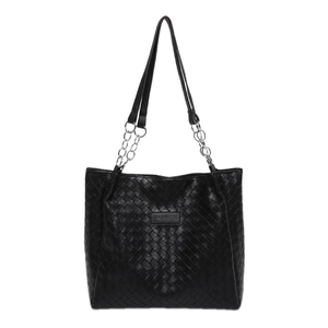 Large capacity black woven tote bag with silver chain straps and FASHION logo detail
