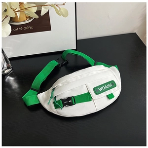 Detail view of white casual chest bag featuring green buckle and WOAINI letter patch