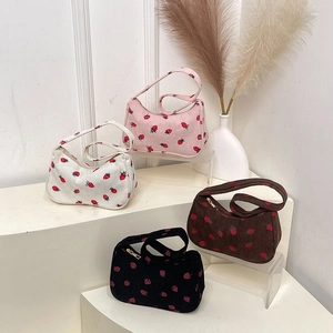 Dames Aardbeienprint Corduroy Okseltas Zoete Grote Capaciteit Schoudertas Bedrukt Ruitpatroon Dagelijkse Trendy Canvas Handtas