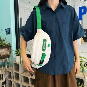 White nylon fanny pack with green adjustable strap and WOAINI logo for outdoor sport