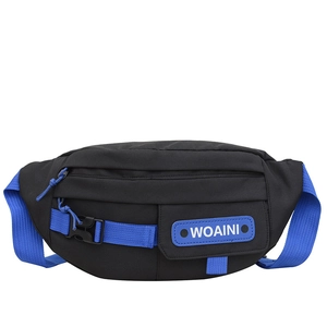Black casual sports waist bag with blue straps and WOAINI patch on white background