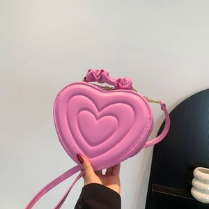Trendy Hartvormige Gekwadrateerde PU Leren Crossbodytas Voor Dames Met Geplooide Handgreep Zoete Effen Kleur Schoudertas Voor Winkelen