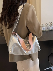 Women Large Capacity PU Leather Shoulder Bag Contrast Color Wide Strap Casual Travel Commuting Tote Crossbody Bag Fashion