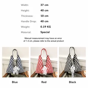Dimensiones detalladas y bolsos de lona a rayas con lazos de encaje en tres colores