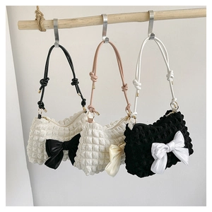 Koreanischer Stil Popcorn-Struktur Leinwand Umhängetasche Für Damen Mit Großer Satin Schleife Achselhöhle Hobo Tasche Einfarbig