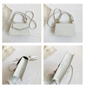 Detail views of white quilted leather crossbody bag with knotted handle and gold hardware