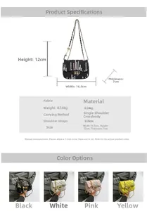 Détails du sac matelassé brodé en tissu coloré avec chaîne en métal et fermoir rotatif