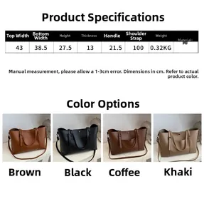 Detailed size chart for soft leather tote bag with dimensions in cm and color options
