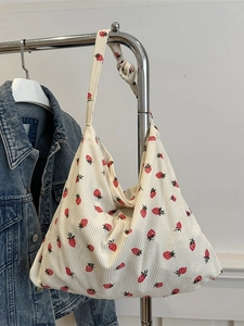 Sac Cabas en Velours Côtelé Imprimé Fraise pour Femmes Grande Capacité Décontracté en Coton Sac à Épaule Doux pour Filles